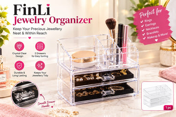 Crystal Clear Jewelry Organizer Box with 2 Drawers | Makeup, Rings, Earrings, Necklace & Bracelet Storage Organizer