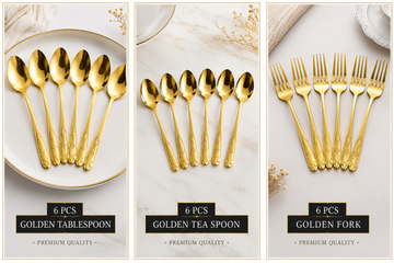 6-Piece Golden Cutlery Set | Premium Stainless Steel Table Spoon, Tea Spoon & Fork