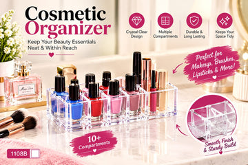 Crystal Clear Cosmetic Organizer with 10+ Compartments | Makeup, Lipstick & Brush Storage Organizer