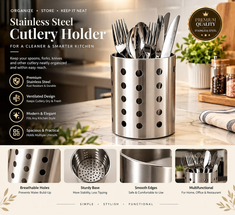 Stainless Steel Cutlery Holder – Kitchen Utensil & Spoon Organizer