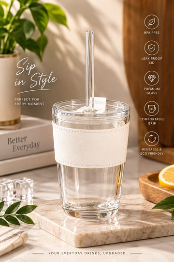 Glass Tumbler with Straw – Reusable Drinking Cup with Lid