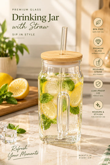 Glass Drinking Jar with Straw & Lid – Reusable Juice & Beverage Jar