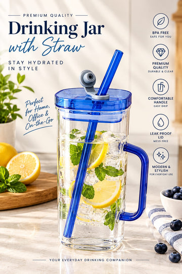 Drinking Jar with Straw & Lid – Reusable Beverage & Juice Jar