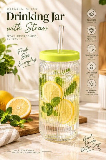Drinking Jar with Straw – Stylish Reusable Beverage Cup with Lid